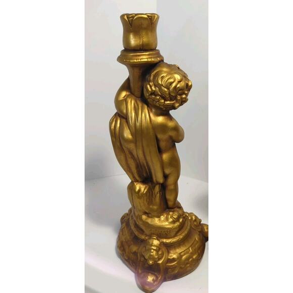 Set Of 2 VTG Gold Cherub Candleholder Candle Stick Chalk ware 13” - Picture 6 of 12